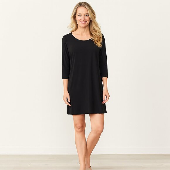 EUC Susan Graver Essentials Black Liquid Knit Tunic Dress 3/4 Sleeve Size M - Picture 1 of 10